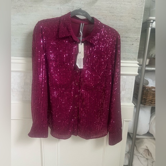 NWT new medium Anthropologie Remoe sequin button down shirt raspberry pink red - Picture 3 of 13